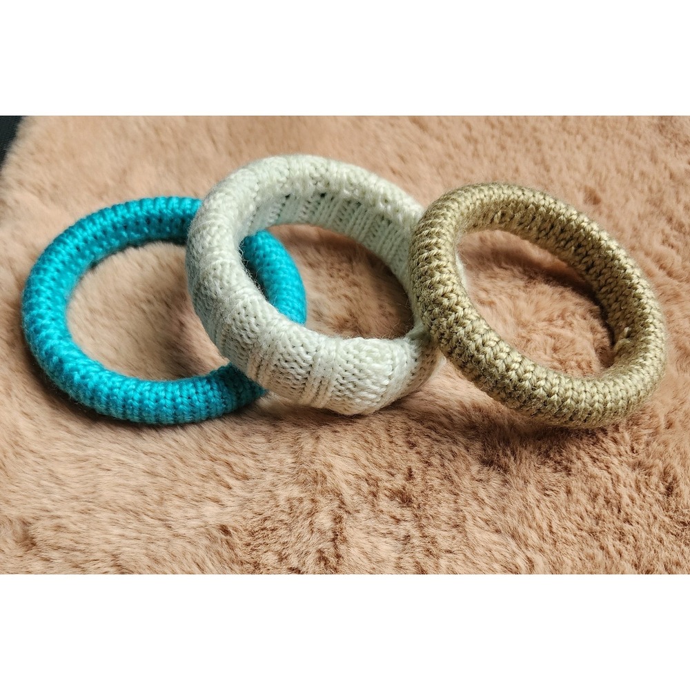 Set of 3 Woven Wrapped Sweater Bangle Bracelets Teal, Cream & Gray - Picture 2 of 4